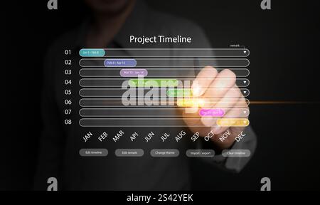 Project manager planning and schedule:. A man using a project timeline to ensure timely completion. Project management concept Stock Photo