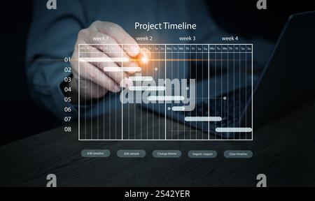 Project manager planning and schedule:. A man using a project timeline to ensure timely completion. Project management concept Stock Photo