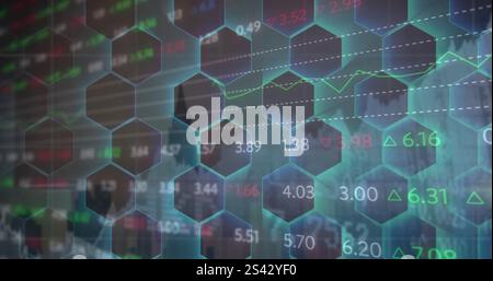 Image of financial data processing over network of hexagons Stock Photo