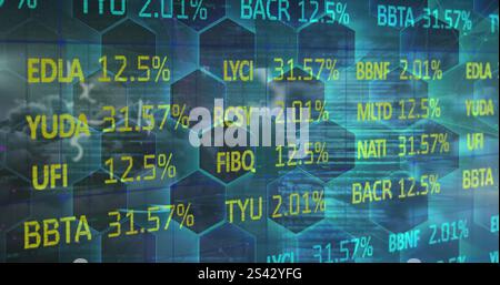 Image of financial data processing over network of hexagons Stock Photo