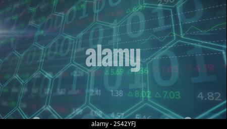 Image of binary coding financial data processing over network of hexagons Stock Photo