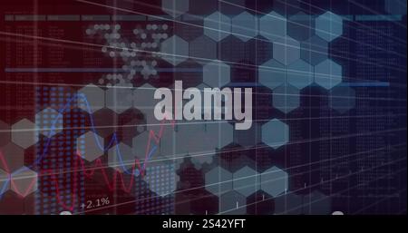 Image of financial data processing over network of hexagons Stock Photo