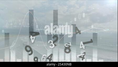 Image of graphs and processing data over sky and landscape Stock Photo