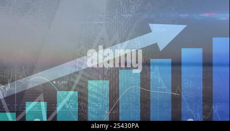 Image of upward arrow and graphs processing data over sky and landscape Stock Photo