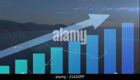 Image of upward arrow and graphs processing data over sky and landscape Stock Photo