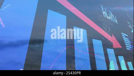 Image of downward red arrow and graphs processing data over landscape Stock Photo