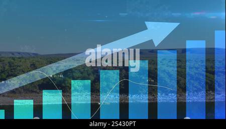 Image of upward arrow and graphs processing data over sky and landscape Stock Photo