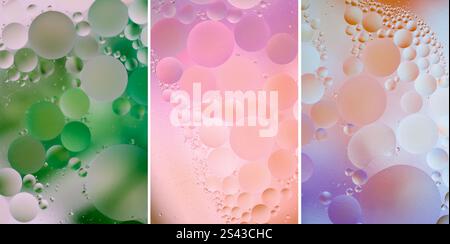 Abstract background depicting oil droplets in water creating colorful and dreamy patterns with gradient shades of green, pink and orange.3 vertical im Stock Photo