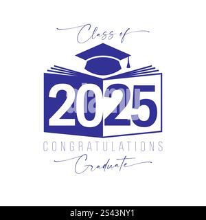 Educational icon for 2025 graduates with open book, creative number and motarboard cap. Blue and white colors. Handwriting style typography. T shirt Stock Vector