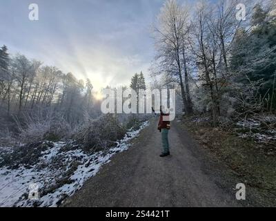 Sunset in the foggy Forest, Man walk in Switzerland Stock Photo