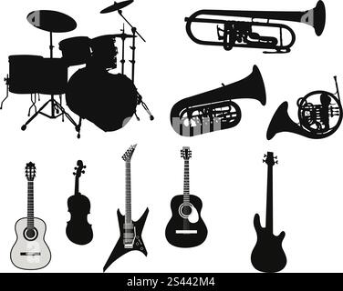 Set of different stringed, wind and percussion instruments Stock Vector