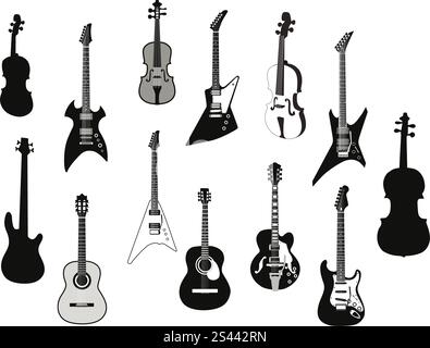 Set of detailed vector silhouettes different guitars Stock Vector