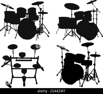 Set of vector silhouettes different drums kits Stock Vector