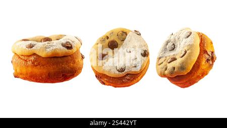 Chocolate chip cookie brioche donut isolated on a white background in different angles and perspective. Stock Photo