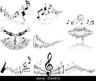 Set of  nine vector musical notes staff Stock Vector