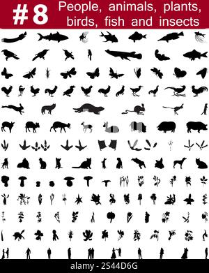 Big collection of collage vector silhouettes of people, animals, birds, fish, flowers and insects Stock Vector