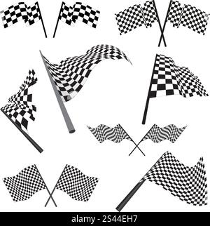 Set of black and white checked racing flags. Vector illustration. Stock Vector