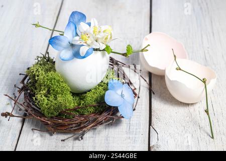 eggshell is decorated with blue flowers and moss. Zero waste, blur and selective focus. easter decor in a natural style. Stock Photo