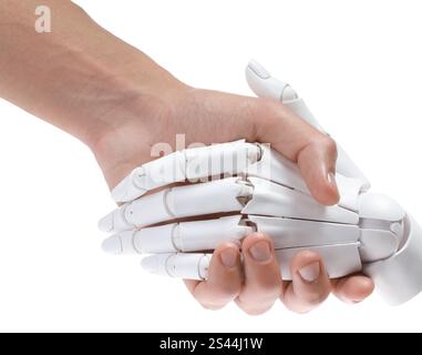 Artificial intelligence. Woman shaking hands with robot on white background, closeup Stock Photo