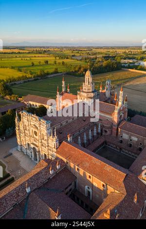 Aerial view of the monastery of Certosa di Pavia at sunset. Certosa di Pavia, Pavia district, Lombardy, Italy, Europe. Stock Photo