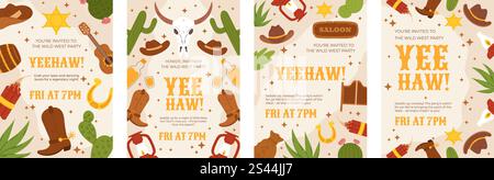 Set of Wild West party invitation templates featuring cowboy hats, boots, cacti, lanterns, sheriff badges, and decorative elements. Flat style for eve Stock Vector