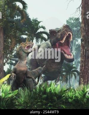 Tyrannosaurus and velociraptor walking through the forest. This Dinosaur lived in the late Cretaceous period. This is a 3d render illustration Stock Photo