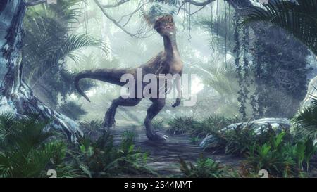 Velociraptor in the forest. He lived in the late Cretaceous period. This is a 3d render illustration. Stock Photo