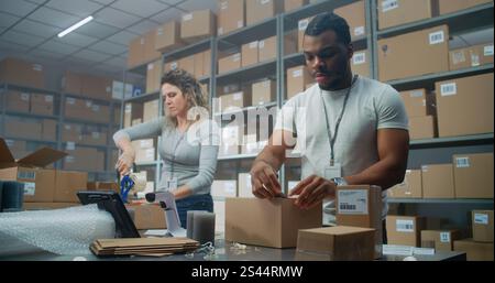 Multiethnic Delivery Service Workers Packing Cardboard Parcels with Online Goods, Food, Scanning Code with Scanner, Preparing Packages for Shipping to Clients. Retail Warehouse of E-Commerce Store. Stock Photo