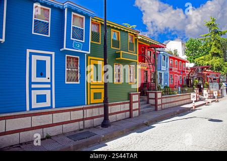 Row of vibrant colorful wooden houses in Istanbul's historic old city during daytime Stock Photo