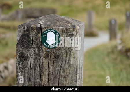 Wooden signposts for Offas Dyke path in the Clwydian Range Area of Outstanding Natural Beauty, North Wales Stock Photo