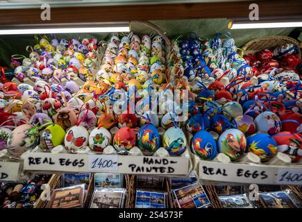 Budapest,Hungary. August 29,2022. Beautiful shot with a display of hand-painted eggs: the colors are bright and varied. Easter tradition and souvenir. Stock Photo
