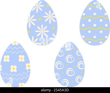 Patterned Easter Eggs in trendy sky blue. Easter greeting Decorative design elements concept Set 4. Isolated Vector Illustration Thematic cards, sticker, icon or web promo banner, leaflets, price tag Stock Vector