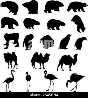 Set of bears, ape, penguins, camels and flamingos  silhouettes. Vector illustration. Stock Vector