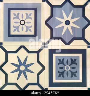 Colonial heritage patterned tiles in random various patterns. Geometric floral star, ornamental, engraving, and other abstract patterns. Blue and whit Stock Photo