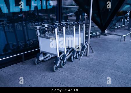Luggage trolley at the airport terminal, empty space for advertising or public information, advertisement concept.  Stock Photo