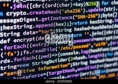 Tor. Image of a close-up view of a computer screen displaying cryptography-related C code The text is illuminated with a cool-toned color gradient for Stock Photo