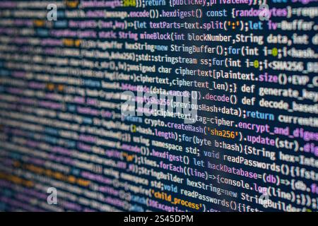Close-up of colorful digital code on a computer screen, featuring various coding languages and commands The text is highlighted with shades of blue, p Stock Photo