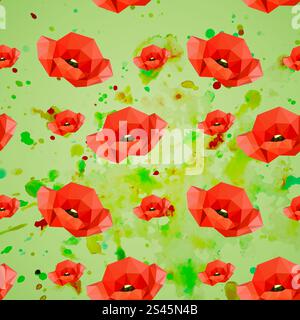Illustration of seamless pattern with red poppies on watercolor background Stock Vector