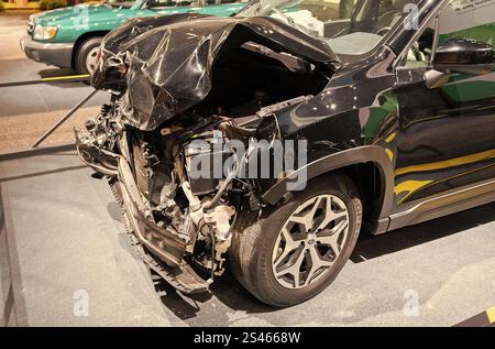 New York City, USA - March 27, 2024: Subaru Forester Boxer Engine Crash test crashed car at New York International Auto Show, closeup view Stock Photo