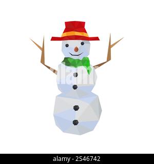 Illustration of funny origami snowman with red hat, isolated on white background Stock Vector