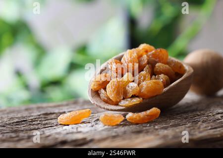 Dried grapes in wooden bowl or scoop on rustic background, healthy dry fruit concept, raisins Stock Photo
