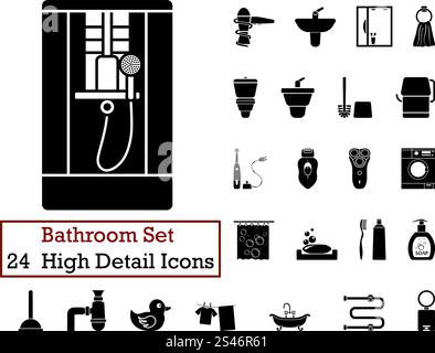 Set of 24 Bathroom Icons in Black Color. Stock Vector
