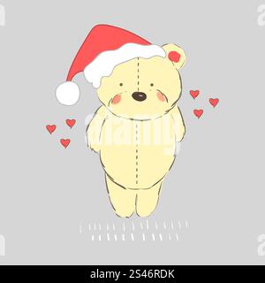 Modern flat design with doodle christmas polar bear wearing santa hat Stock Vector