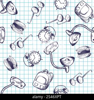 Seamless pattern with  hand drawn education theme on checkered copybook background Stock Vector