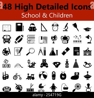 Set of High Detailed School and Children Smooth Icons in Black Colors. Suitable For All Kind of Design (Web Page, Interface, Advertising, Polygraph and Other). Vector Illustration. Stock Vector