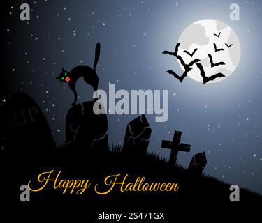 Happy Halloween Greeting Card. Elegant Design With Cemetery, Cat on Grave, Moon on Starry Sky and Silhouettes of Flying Bats.  Vector illustration. Stock Vector