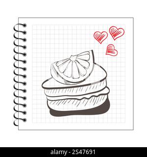 Illustration of doodle orange cake slice on notebook paper Stock Vector