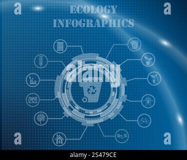 Ecology Infographic Template From Technological Gear Sign, Lines and Icons. Elegant Design With Transparency on Blue Checkered Background With Light Lines and Flash on It. Vector Illustration. Stock Vector