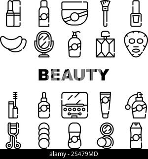 Beauty Salon Accessory Collection Icons Set Vector. Lipstick And Powder, Beauty Facial Mask And Perfume, Cream And Shampoo, Mirror And Nail Polish Black Contour Illustrations. Beauty Salon Accessory Collection Icons Set Vector Stock Vector