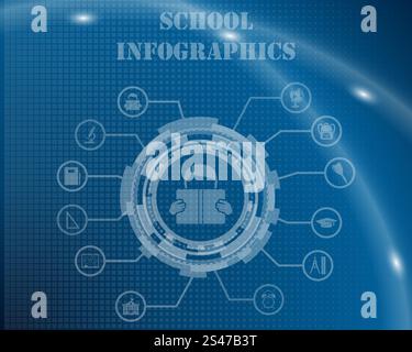 School Infographic Template From Technological Gear Sign, Lines and Icons. Elegant Design With Transparency on Blue Checkered Background With Light Lines and Flash on It. Vector Illustration. Stock Vector